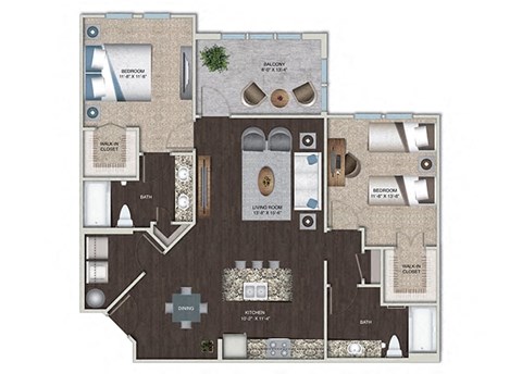 Floor plan for 2 beds, 2 baths, 1115 sqft